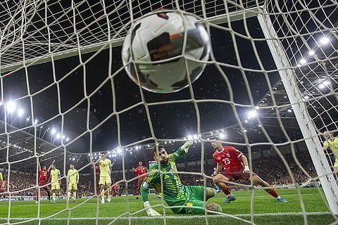 2024–25 UEFA Nations League, Switzerland vs Spain: Switzerland's forward Zeki Amdouni, right, scores the goal against Spain